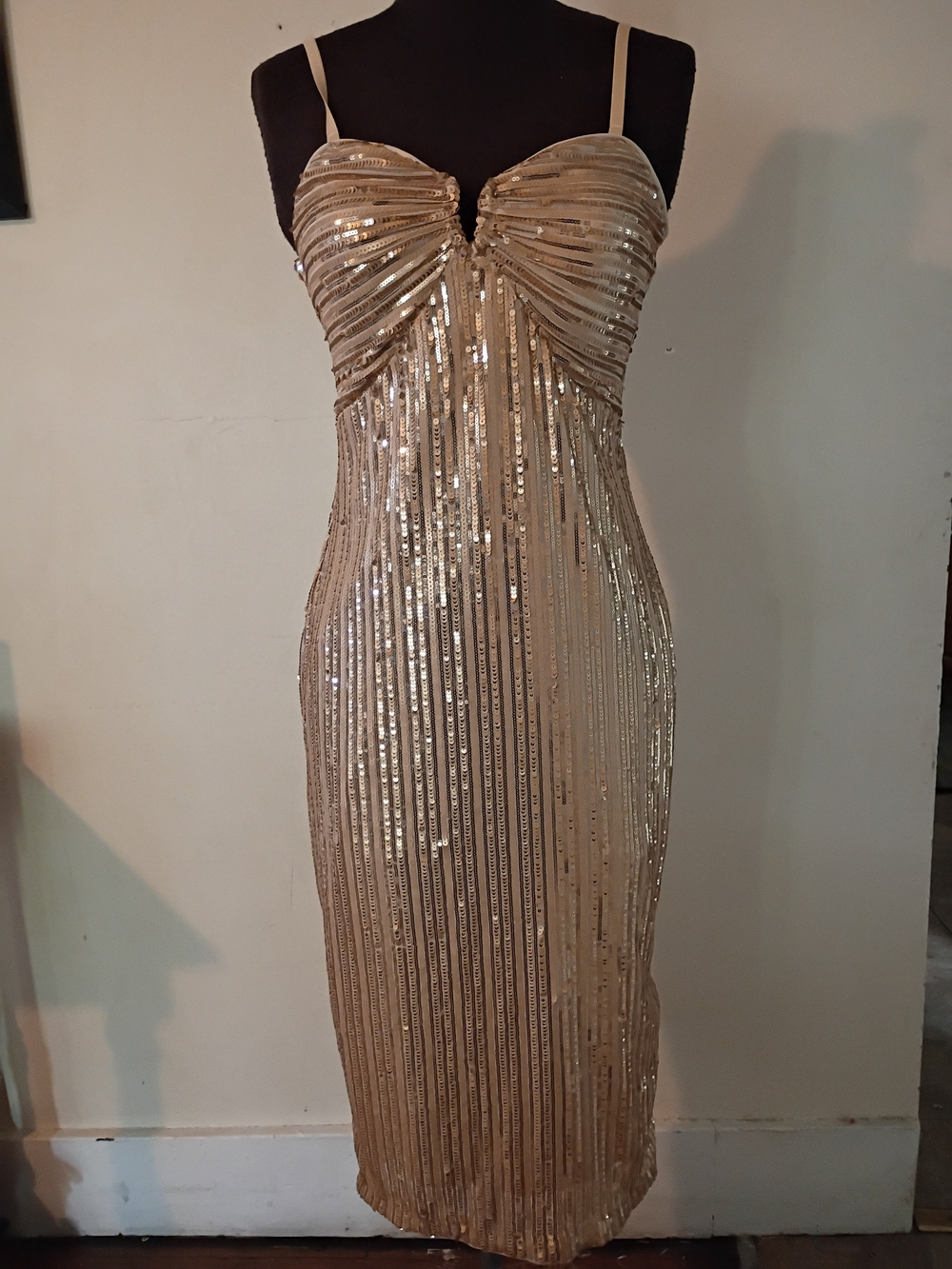 Siena Studio Gold Sequin Midi Dress with Spaghetti Straps